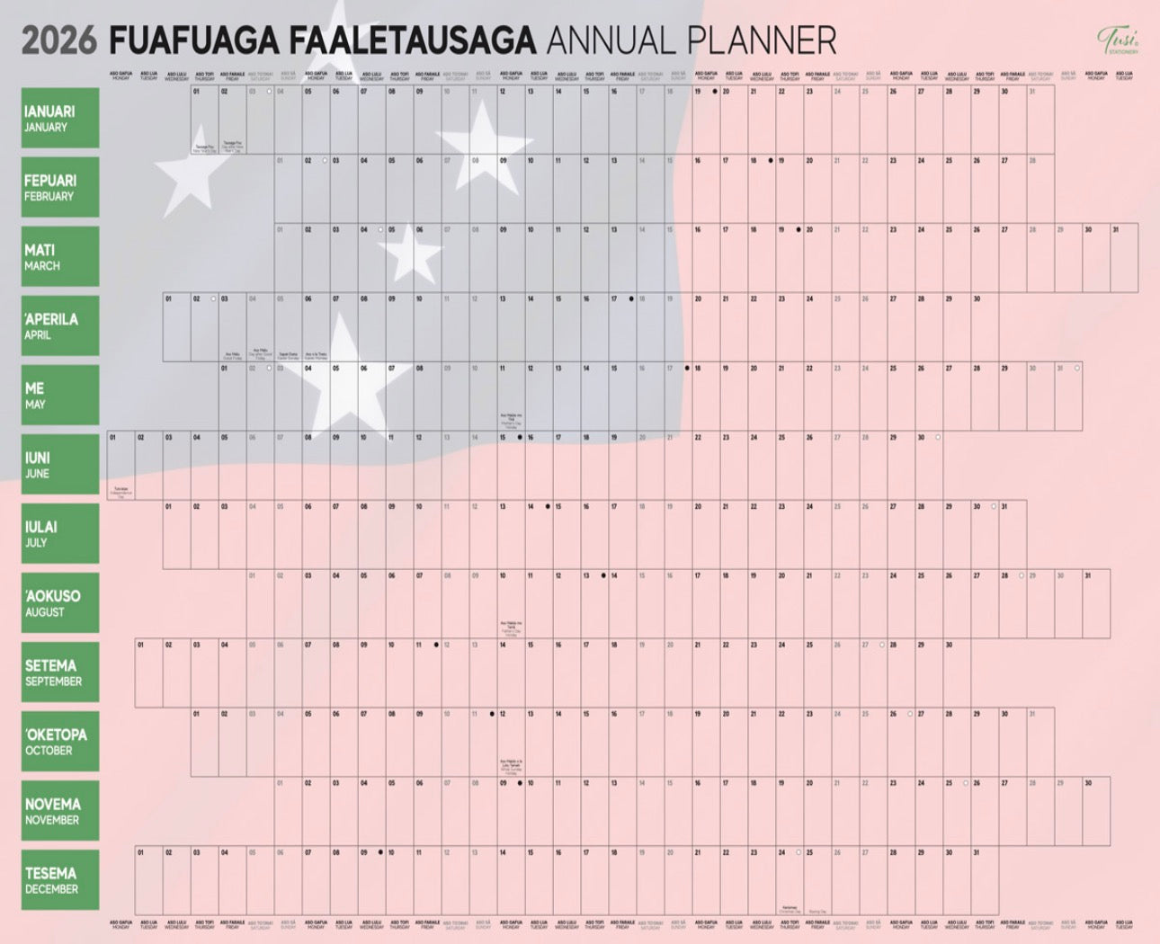 Wall Planner Double Sided A2 Unlaminated Samoan 2026