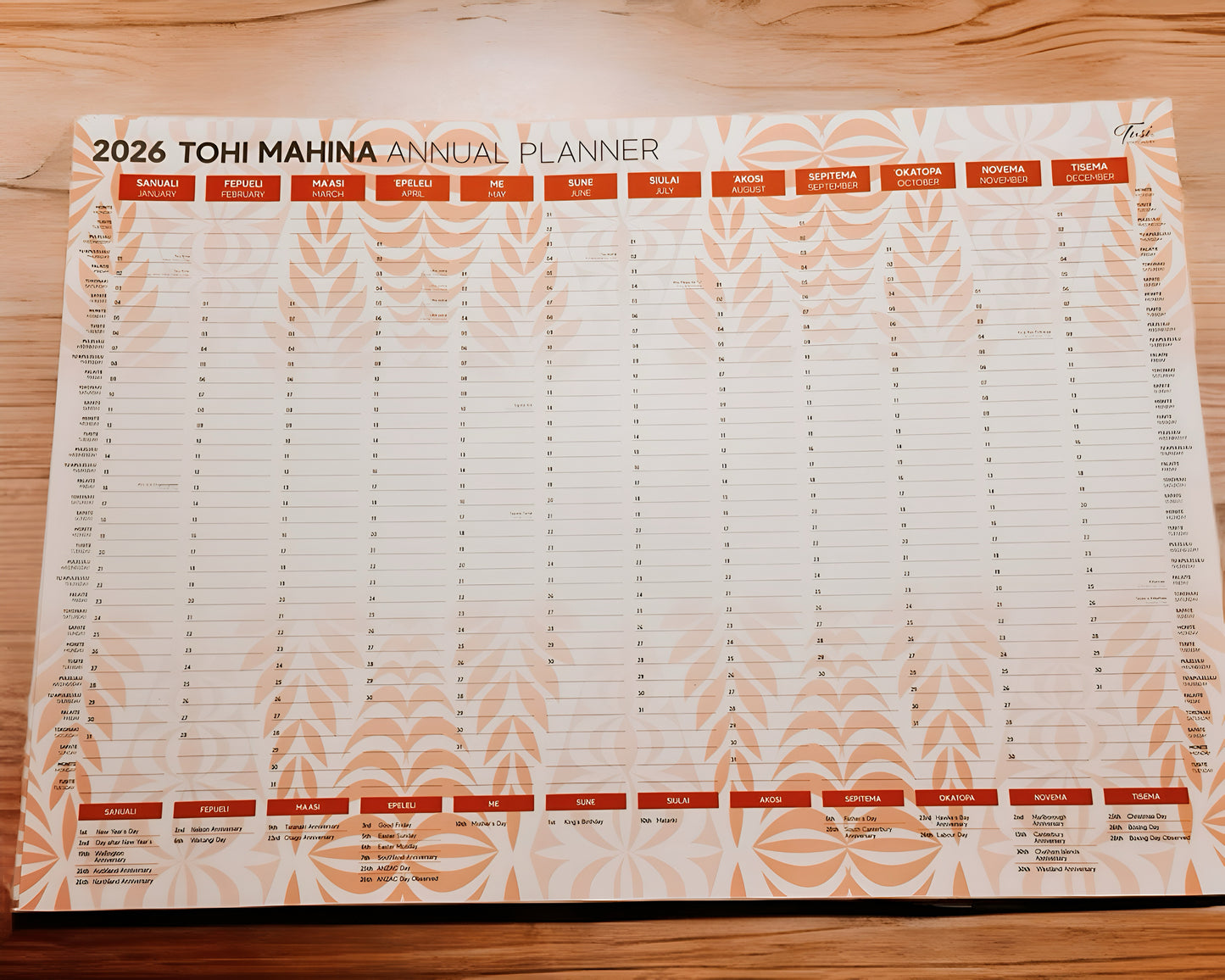 2026 Tohi Mahina – Tongan A2 Wall Planner (Unlaminated)